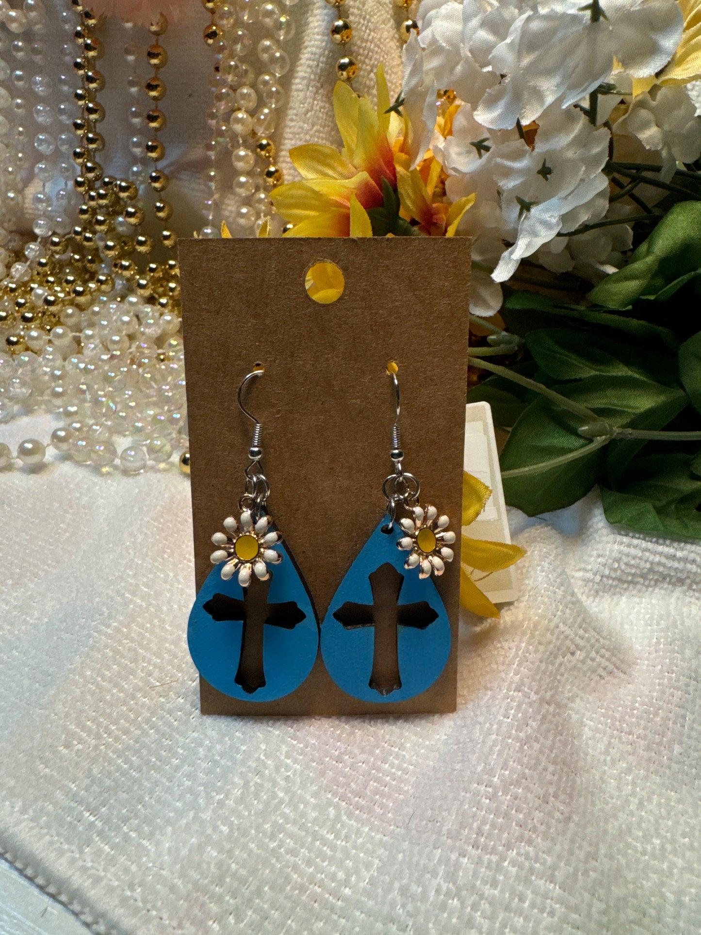 Cross w/Flower Charm Earrings